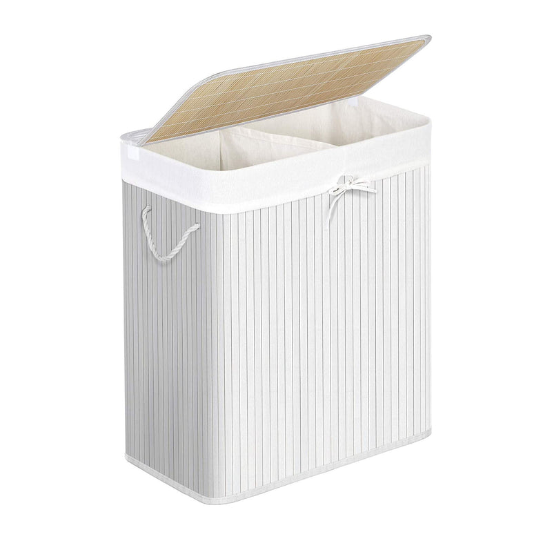 Divided Bamboo 100L Laundry Basket with Lid- Off-White