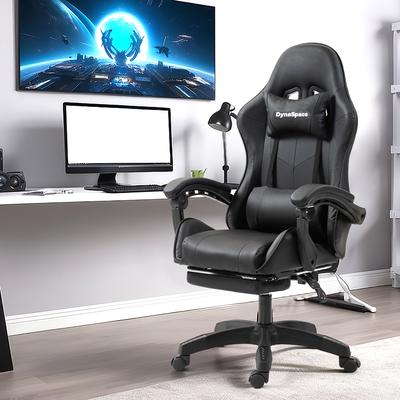 Comfortable Gaming Massage Office Chair With Footrest - Black