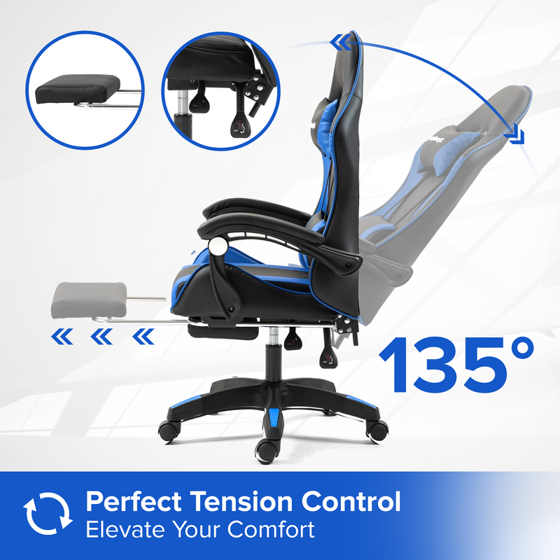 Reclined Gaming Massage Office Chair With Footrest - Blue