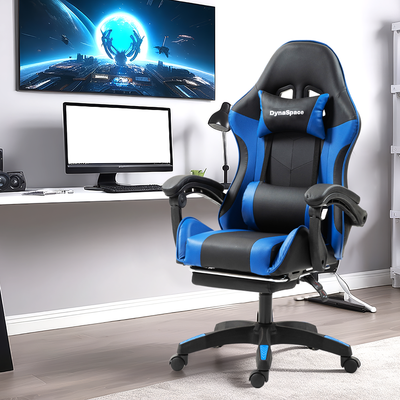 Back View of Gaming Massage Office Chair With Footrest - Blue