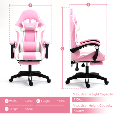 Side View of Gaming Massage Office Chair With Footrest - Pink