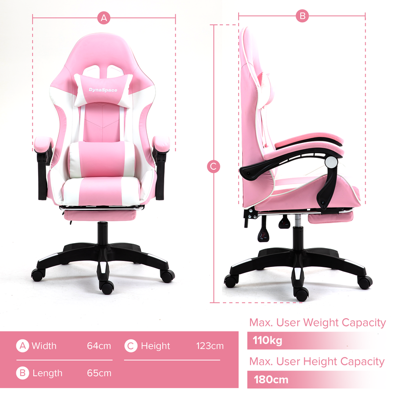 Side View of Gaming Massage Office Chair With Footrest - Pink