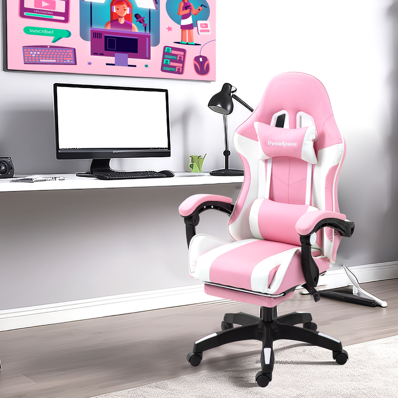 Back View of Gaming Massage Office Chair With Footrest - Pink