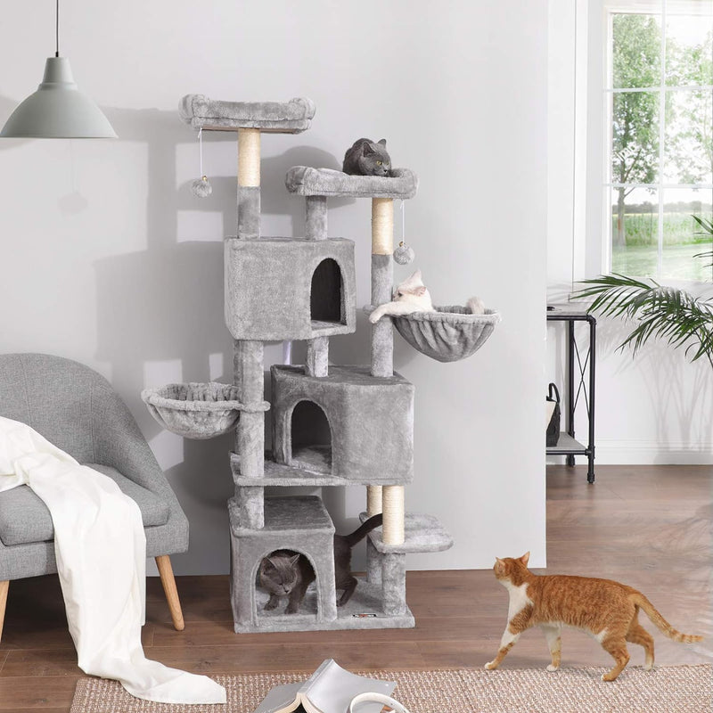 Front View of Large Cat Tree with 3 Cat Caves