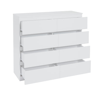 Nola 8 Drawers Tallboy - White with Open Drawers