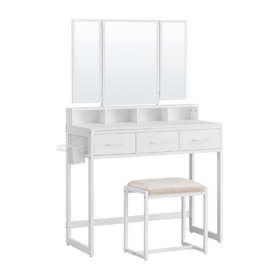 Tri-Fold Mirror Dressing Vanity Table with Stool and Drawers