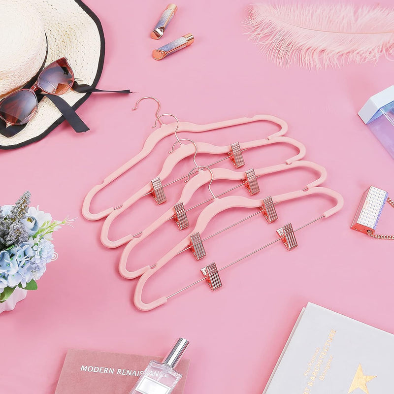 Set of 24 Velvet Coat Hangers With Movable Clips in Rose Gold