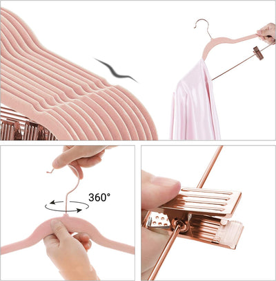 Durable Velvet Coat Hangers With Movable Clips in Rose Gold (Set of 24)