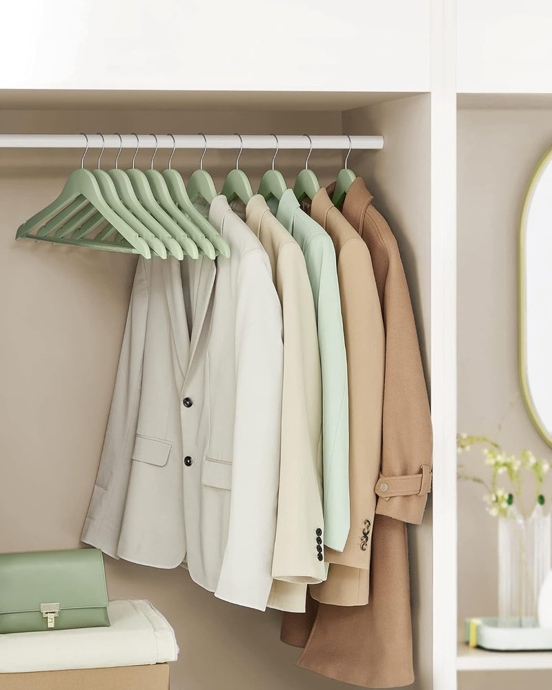 Green Wooden Coat Hangers (Set of 20) with Clothes