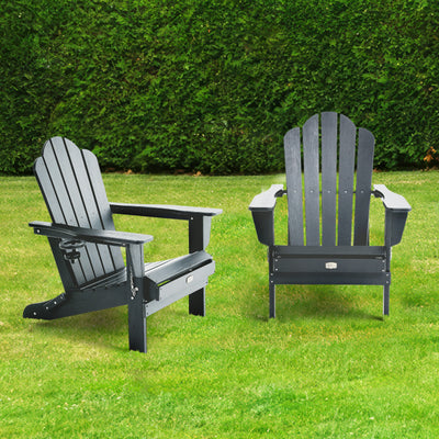 Lifestyle image of Adirondack Outdoor Chair with Cup Holder in Black outdoors
