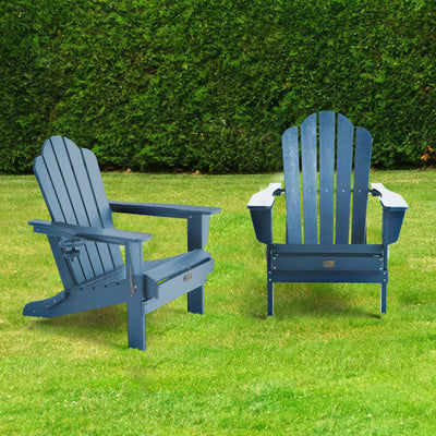 Lifestyle image of Adirondack Outdoor Chair with Cup Holder in Blue outdoors
