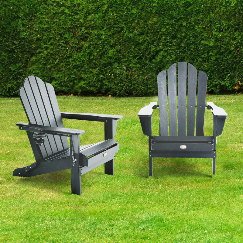 Lifestyle image of Adirondack Outdoor Chair with Cup Holder in Grey outdoors
