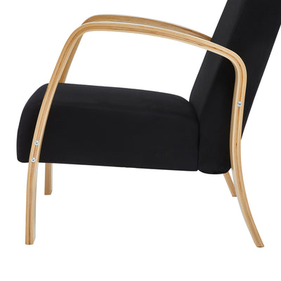 Close-up of the wooden frame on Bend Wood single sofa armchair in black