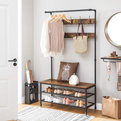 Close-up of the Coat Rack Stand showing the quality of the wood and metal frame