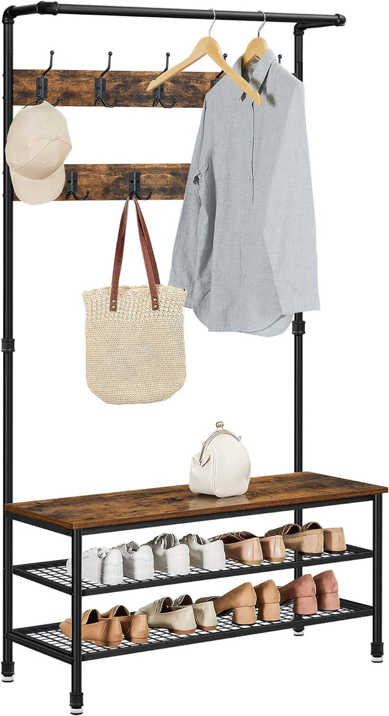 Coat Rack Stand with Shoe Storage placed in a home entryway, enhancing room functionality