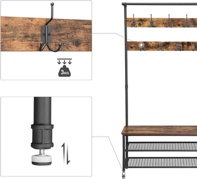 Coat Rack Stand in use, with various coats and shoes organized, demonstrating practicality