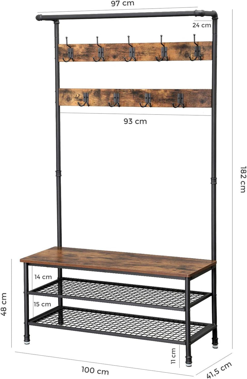 Lower section of the Coat Rack Stand, showing the shoe storage shelves filled with shoes