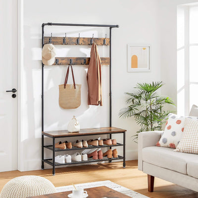 Side view of the Coat Rack Stand with Shoe Storage, highlighting its compact form and stability