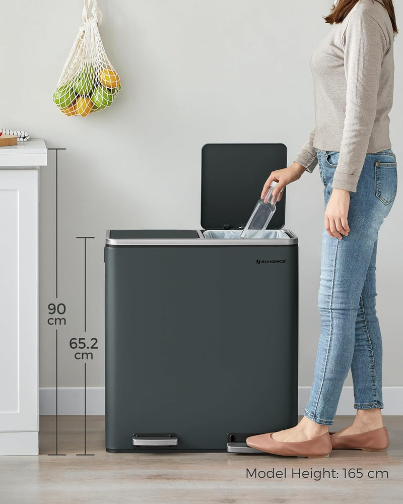 Rear view of the Dual 60L Smoky Grey Steel Rubbish Bin with sturdy build.
