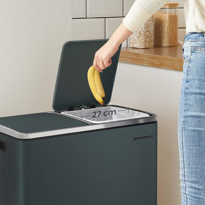 Side view of Dual 60L Smoky Grey Rubbish Bin with powder-coated steel finish.