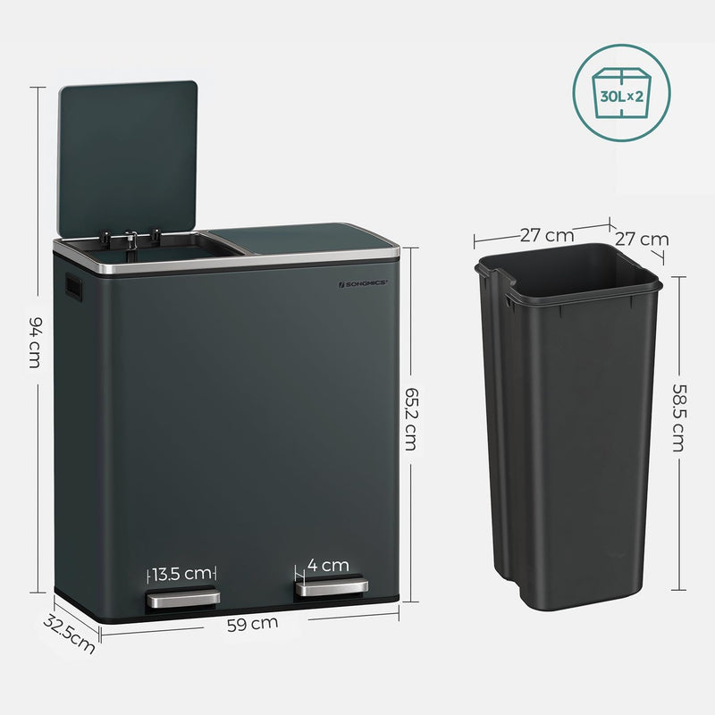 Top lid open on the Dual 60L Steel Rubbish Bin, revealing dual compartments.