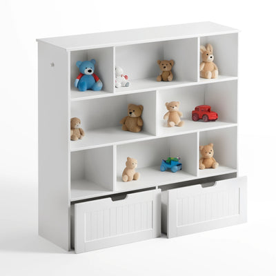 Kids bookshelf and toy drawer organiser in white, perfect for children's room storage