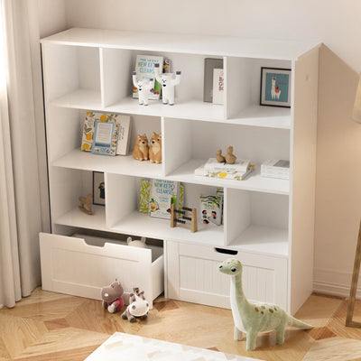 Side view of white kids bookshelf and toy drawer organiser