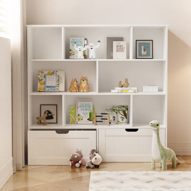 Front view of kids bookshelf and toy drawer organiser, white