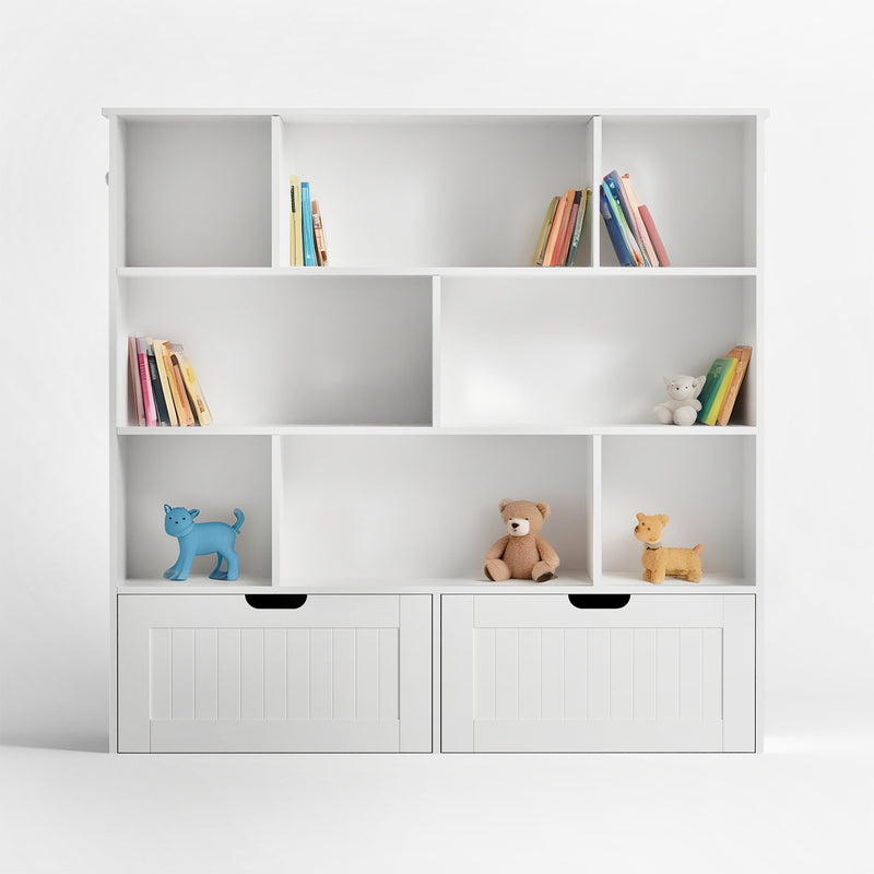 Spacious toy drawer and bookshelf for kids, white finish