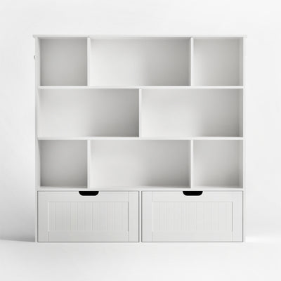 Close-up of toy organiser with bookshelf for kids, white