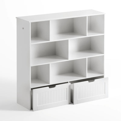 Kids bookshelf with toy storage drawer, white for easy organisation