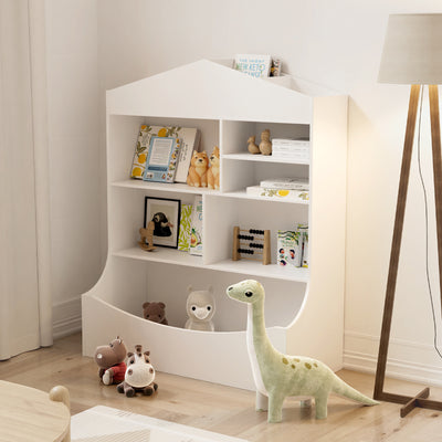 White kids bookshelf with toy compartments, side view