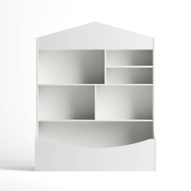 Close-up of toy organiser and bookshelf for kids, white