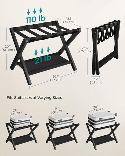 Luggage Rack in use, holding a large suitcase, demonstrating strength and stability