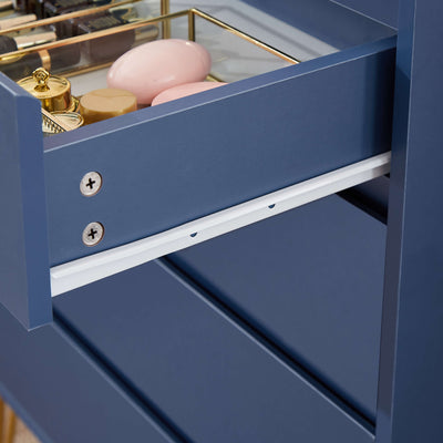 Top view of Nia 4 Drawers Tallboy with gold base highlighting the blue grey color