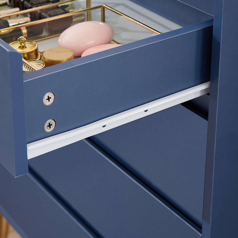 Top view of Nia 4 Drawers Tallboy with gold base highlighting the blue grey color