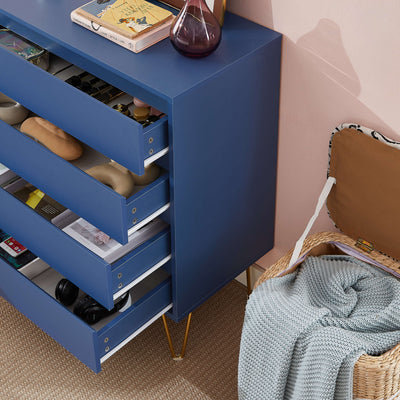 Nia 4 Drawers Tallboy with gold base and open drawers displaying storage space