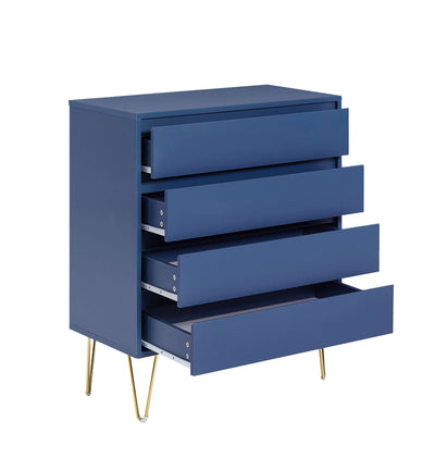 Close-up of drawer detail on Nia 4 Drawers Tallboy with gold base in blue grey