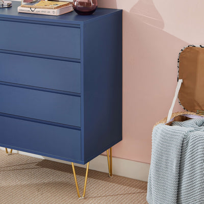 Detail of hardware on Nia 4 Drawers Tallboy with gold base in blue grey