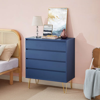 Lifestyle image of Nia 4 Drawers Tallboy with gold base in blue grey with décor