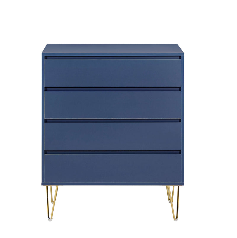 Front view of Nia 4 Drawers Tallboy with gold base in blue grey finish