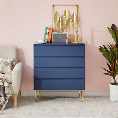 Angled view of Nia 4 Drawers Tallboy with gold base in blue grey