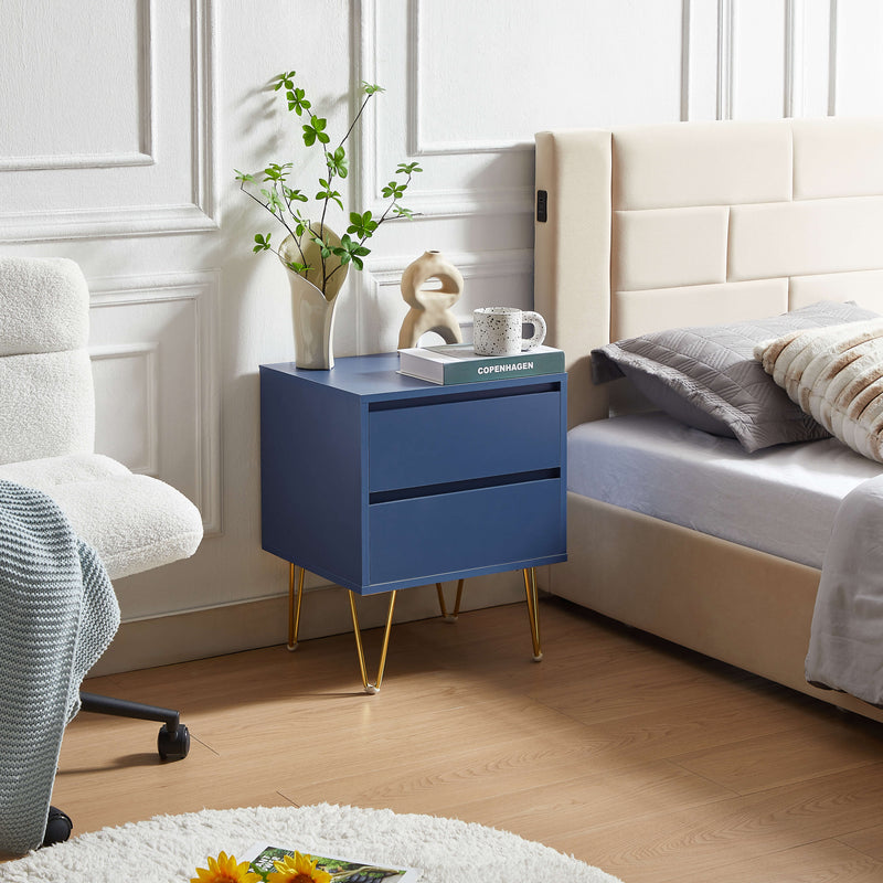 Angled view of Nia Bedside Table with gold base in blue grey