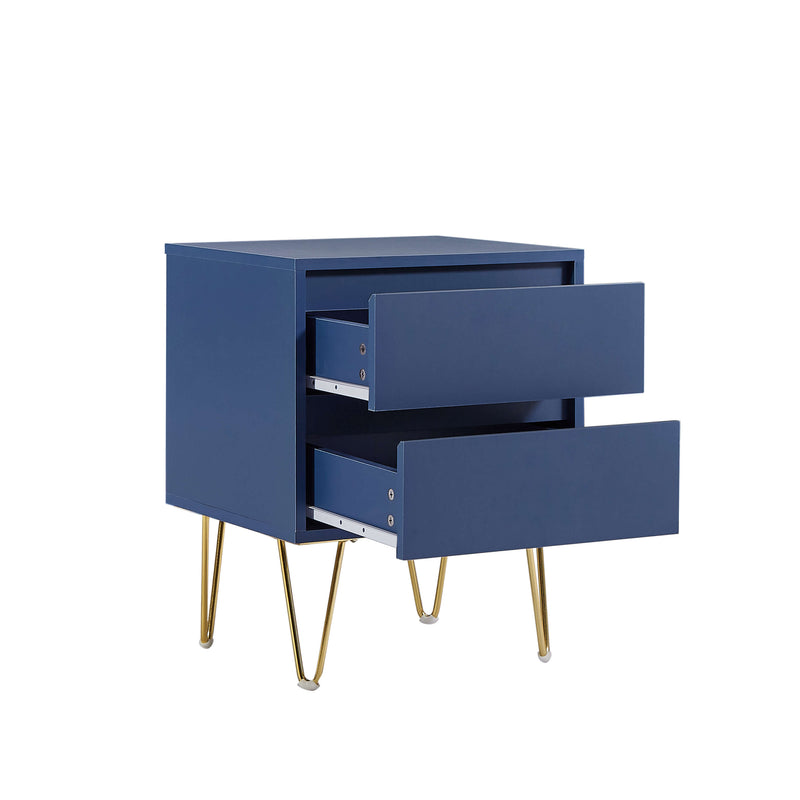 Side view of Nia Bedside Table with gold base in blue grey