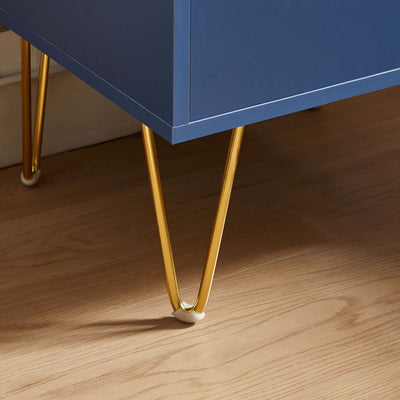 Top view of Nia Bedside Table with gold base highlighting the blue grey color