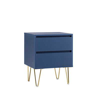 Close-up of drawer detail on Nia Bedside Table with gold base in blue grey