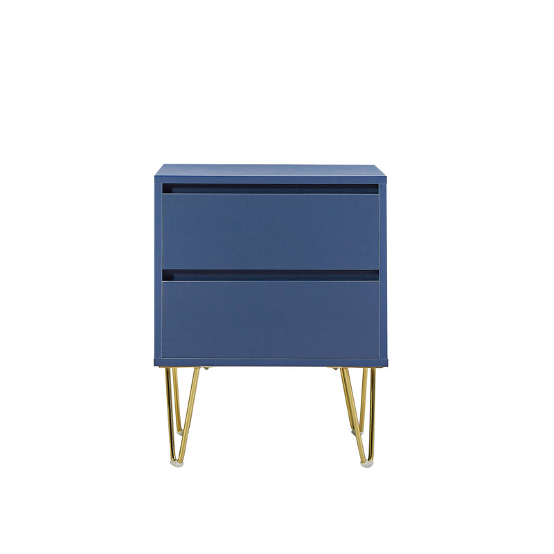 Front view of Nia Bedside Table with gold base in blue grey finish