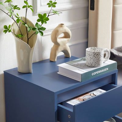 Back view of Nia Bedside Table with gold base in blue grey