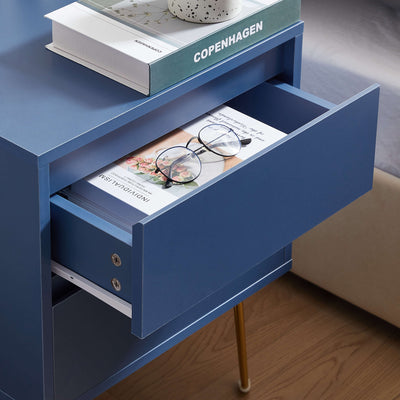 Detail of hardware on Nia Bedside Table with gold base in blue grey