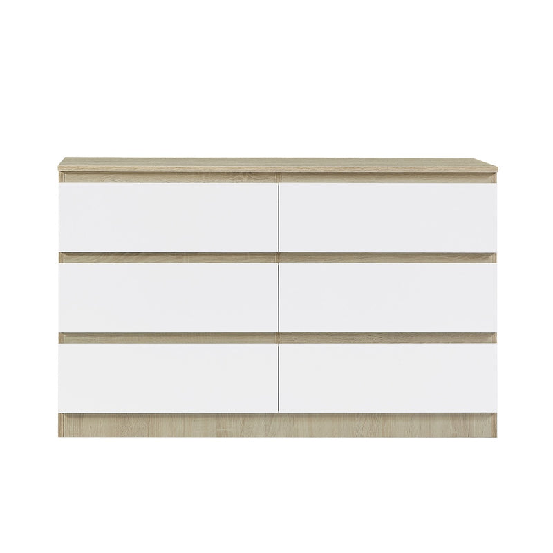 Front view of Nola 6 Drawers Tallboy in white and brown finish